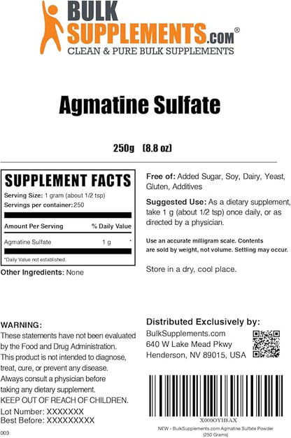 BulkSupplements.com Agmatine Sulfate Powder - Nitric Oxide Supplement - Unflavored & Gluten Free, 1g per Serving, 250g (8.8 oz) (Pack of 1)