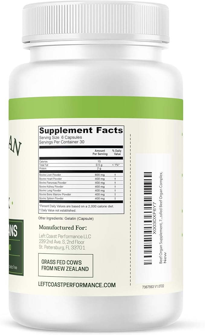Beef Organ Supplement Grass Fed - 7 Beef Organs Complex from New Zealand - Liver Heart Pancreas Kidney Lung Spleen Bone Marrow - Non-GMO, No Fillers, Hormone & Antibiotic Free - Carnivore Diet - 180ct
