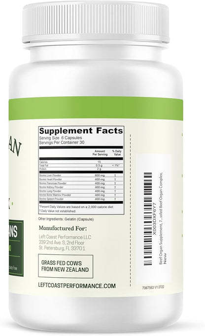Beef Organ Supplement Grass Fed - 7 Beef Organs Complex from New Zealand - Liver Heart Pancreas Kidney Lung Spleen Bone Marrow - Non-GMO, No Fillers, Hormone & Antibiotic Free - Carnivore Diet - 180ct