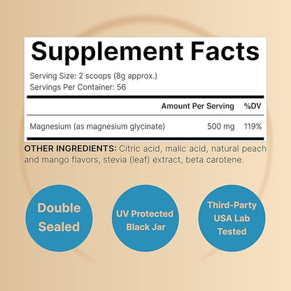 Magnesium Glycinate Powder for Sleep & Relaxation, 1lb (16oz) | 500mg Chelated for High Absorption | Peach Mango Flavor | Muscle & Bone Support | Sugar-Free, Bitterless, Non-GMO, Vegan