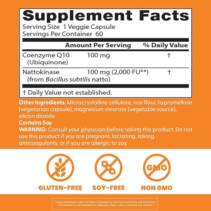 Doctor's BEST CoQ10 100 mg + Nattokinase 2,000FU, Supports Heart & Circulation Support, Non-GMO, Gluten Free, Vegan, 60 Veggie Caps