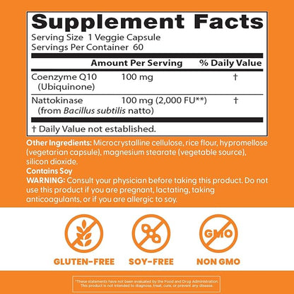 Doctor's BEST CoQ10 100 mg + Nattokinase 2,000FU, Supports Heart & Circulation Support, Non-GMO, Gluten Free, Vegan, 60 Veggie Caps