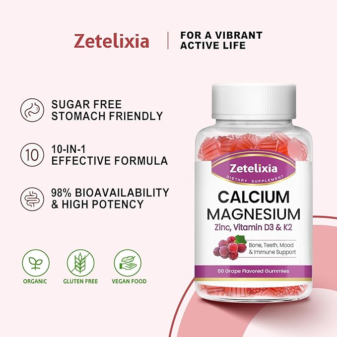 Calcium Gummies, Calcium Magnesium Zinc with Vitamin D3 & K2, Calcium Magnesium Supplement for B0nes Muscles, Grape Flavor - 120 Count