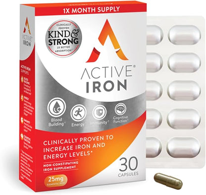Active Iron Supplement, 25mg (30 Capsules) Non-Constipating and Gentle for Women & Men, Highly Absorbed, Clinically Proven to Increase Iron & Energy Levels