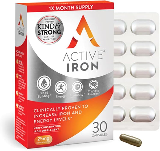 Active Iron Supplement, 25mg (30 Capsules) Non-Constipating and Gentle for Women & Men, Highly Absorbed, Clinically Proven to Increase Iron & Energy Levels