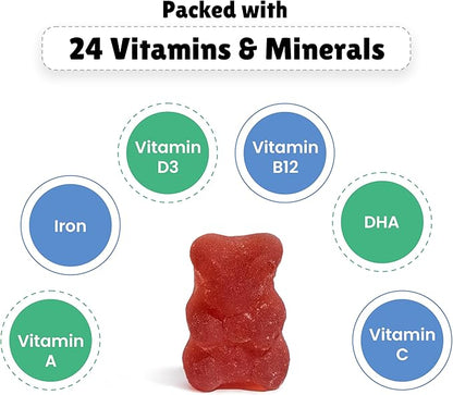 Multivitamin Gummies for Kids |7-12 Years| No Added Sugar |DHA, Vitamin D3, B12, C, Zinc & Iron | Immunity & Bone Health | No Preservatives I Gluten Free I Strawberry Flavour I 30 Day Pack