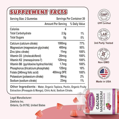 Calcium Gummies, Calcium Magnesium Zinc with Vitamin D3 & K2, Calcium Magnesium Supplement for B0nes Muscles, Grape Flavor - 120 Count