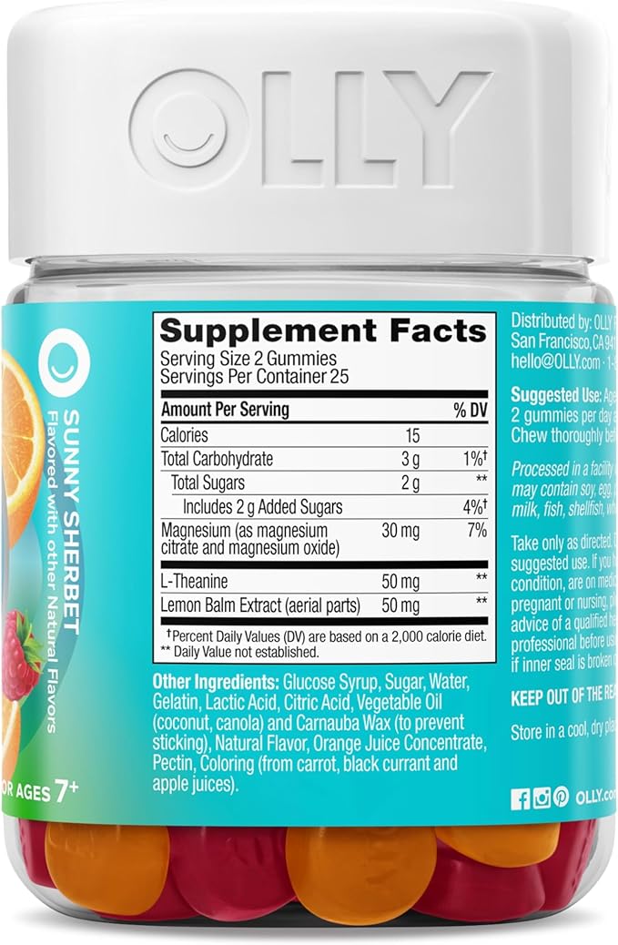 OLLY Kids Chillax Gummy, For a Calm and Relaxed Mood*, Magnesium, L-Theanine, Lemon Balm Extract, Chewable Supplement, Sherbet Flavored, 25 Day Supply - 50 Count (Packaging May Vary)
