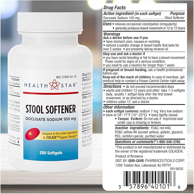 GeriCare Docusate Sodium Stool Softener - 100mg Gentle Stimulant Laxative Softgels for Men & Women- Constipation Relief - Adults Daily Bowel Movement Laxative, 250 Count