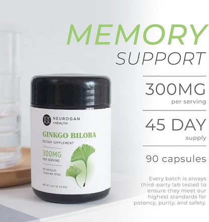 Neurogan Ginkgo Biloba Capsules 13,500,mg | Cognitive Health Supplements for Memory & Focus | Ginkgo Biloba Herbal Supplement, 300mg Per Serving, 90 Ct | Made in USA