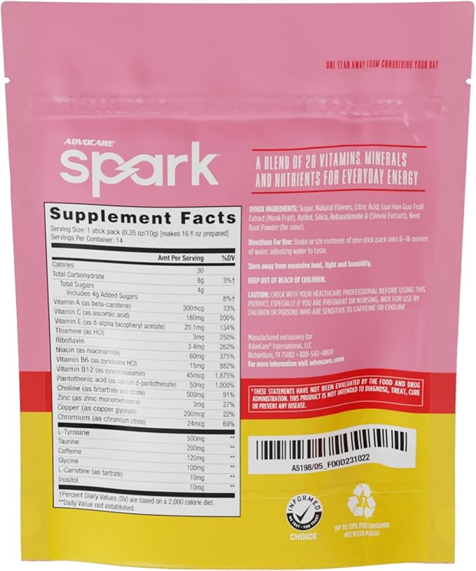 AdvoCare Spark Vitamin & Amino Acid Supplement - Sugar-Free Focus & Energy Drink Powder with Vitamins A, C, E & B-12 - Raspberry Lemonade, 14 Stick Packs