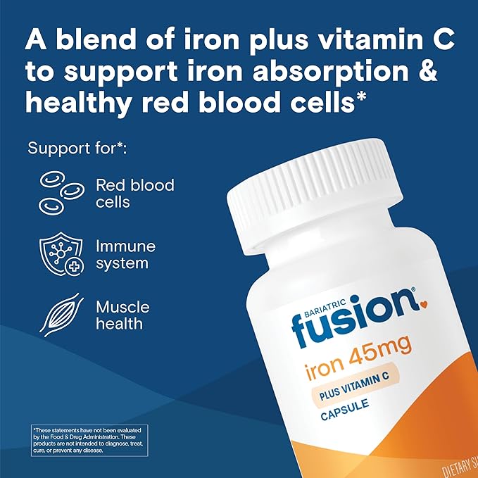Bariatric Fusion Iron Supplement 45mg with Vitamin C | 1 Per Day | Vitamins for Women and Men | Gluten, Dairy and Soy Free | Non-GMO | 60 Count