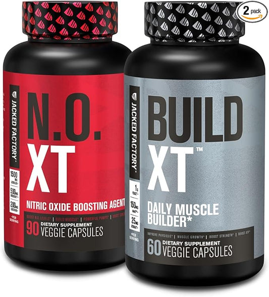 Jacked Factory Muscle Builder Supplement Stack - Build-XT Muscle Builder & N.O. XT Nitric Oxide Boosting Agent for Dual Support (30 Day Supply)