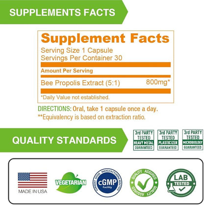 Lovita Propolis Capsule | 800mg, 5:1 Concentration | Natural Bee Propolis Extract | 30 Vegetarian Bee Propolis Capsules (Pack of 3/3 Months Supply)