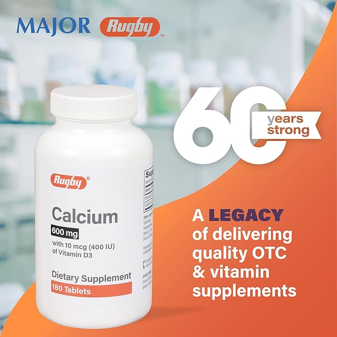 Rugby 600mg Calcium Tablets - Made with 10mcg (400IU) of Vitamin D3 - Dietary Supplement - 180 Count (2 Pack)