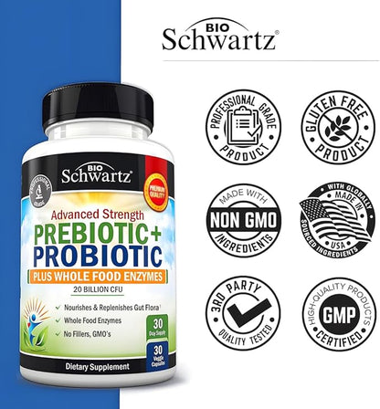 BioSchwartz Prebiotics and Probiotics for Men & Women, Gut Health with Lactobacillus Reuteri, Inulin Prebiotic Fiber, Digestive Enzymes, Non-GMO, Gluten-Free, Dairy-Free, Shelf-Stable, 30 CT
