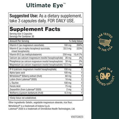 Ultimate Eye Support by Purity Products - 10 mg of Lutein w/Lutemax 20/20, 100 mg of Alpha Lipoic Acid, 2 mg Zeaxanthin Eye Vitamins - Clinically Studied - Blue Light Wave Protection - 90 Capsules