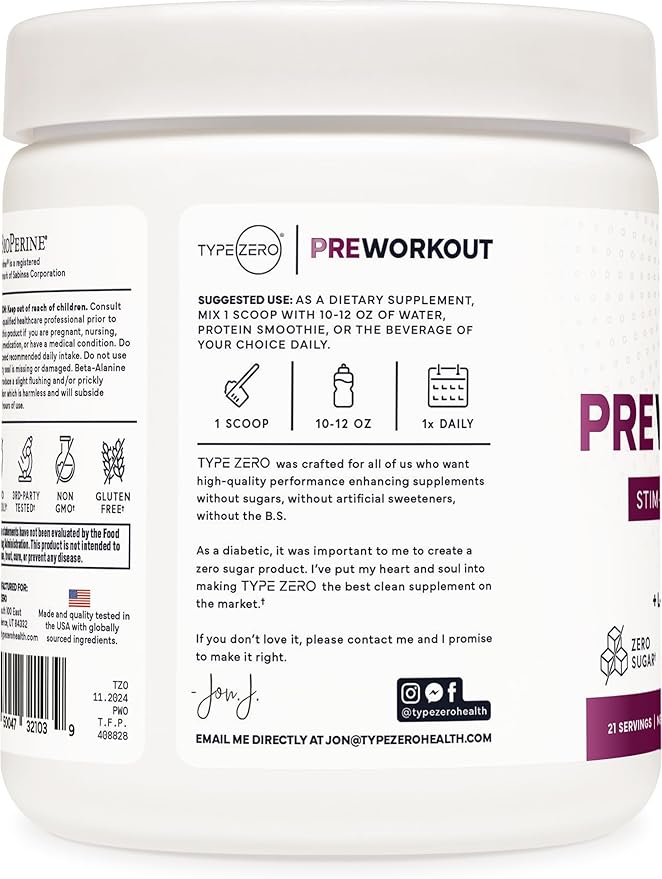 Type Zero Ultra Clean Stim Free Pump Pre Workout (Blackberry Lemonade) Beetroot, Arginine, Citrulline Malate, Betaine, Beta A, ACV+ Sugar/Caffeine Free Non Stim Preworkout Men & Women