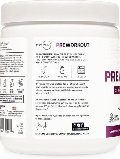 Type Zero Ultra Clean Stim Free Pump Pre Workout (Blackberry Lemonade) Beetroot, Arginine, Citrulline Malate, Betaine, Beta A, ACV+ Sugar/Caffeine Free Non Stim Preworkout Men & Women