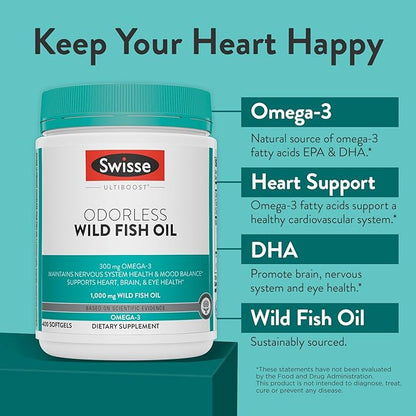 Swisse Wild Fish Oil Omega 3 Supplements for Women and Men 1000 mg Softgels | EPA DHA Fish Oil Supplements | Odorless - Helps Support Brain, Eye and Heart Health | 400 Softgel Pills