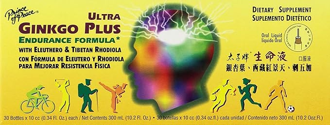 Prince Of Peace Ultra Ginkgo Plus, 30 Bottles, 0.34 fl. oz. Each – Brain Boost Supplement – Support for Active Lifestyles – Ginkgo Biloba for Endurance
