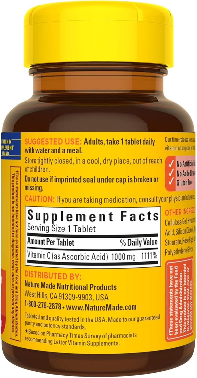 Nature Made Vitamin C 1000 mg Time Release Tablets with Rose Hips, 60 Count to Help Support the Immune System