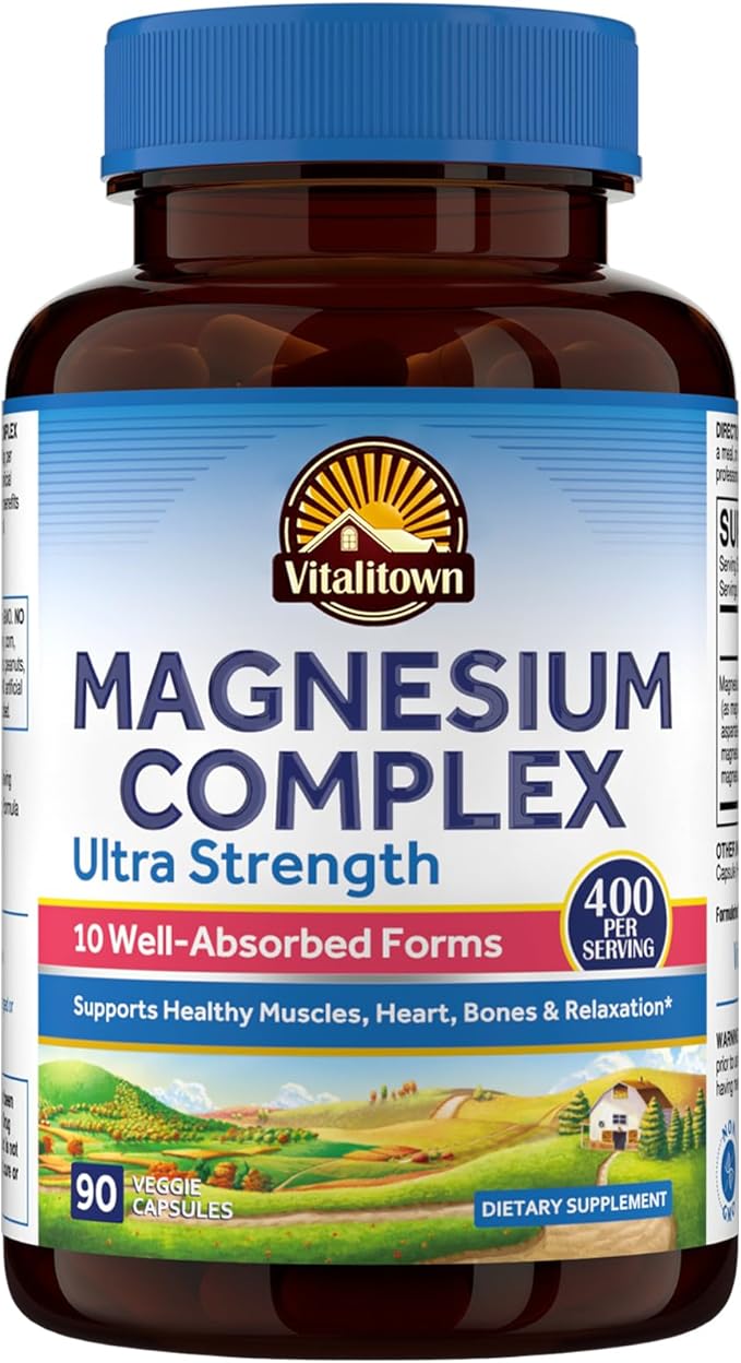 Vitalitown 10 in 1 Magnesium Complex Supplement - 400mg Elemental Magnesium Chelated with Glycinate, Citrate, Malate, Taurate & More - for Sleep Muscle Heart Energy - Non-GMO, Vegan, 90 Caps