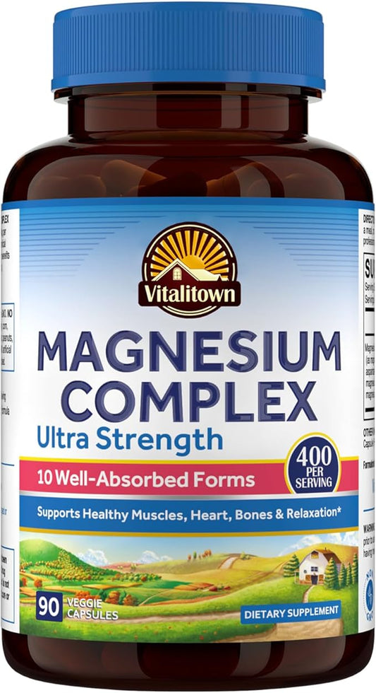 Vitalitown 10 in 1 Magnesium Complex Supplement - 400mg Elemental Magnesium Chelated with Glycinate, Citrate, Malate, Taurate & More - for Sleep Muscle Heart Energy - Non-GMO, Vegan, 90 Caps