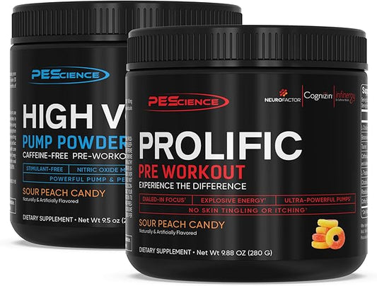 PEScience Pre Workout Stack – Prolific & High Volume, Sour Peach Candy, Nitric Oxide Booster – 40 & 36 Scoops, L Arginine Nitrate, L Citrulline, Pre Workout Powder for Men & Women