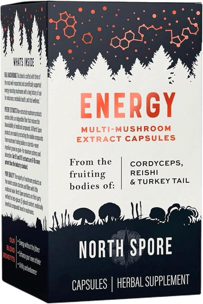 Organic ‘Energy’ Mushroom Extract Capsule Supplement | Stamina & Endurance | Cordyceps, Reishi, Turkey Tail | 100% Fruiting Body Extracts | Vegan, Non-GMO | Made in USA - 120ct