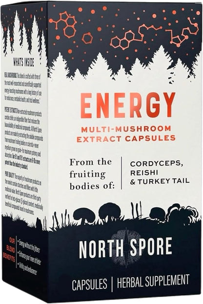 Organic ‘Energy’ Mushroom Extract Capsule Supplement | Stamina & Endurance | Cordyceps, Reishi, Turkey Tail | 100% Fruiting Body Extracts | Vegan, Non-GMO | Made in USA - 120ct