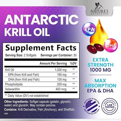 Krill Oil Omega 3 Supplement 1000 mg - Antarctic Krill Oil with Omega-3 EPA, DHA with Astaxanthin Sourced from Red Krill, Brain Health & Immune Support with Phospholipids - 30 Servings, 60 Softgels