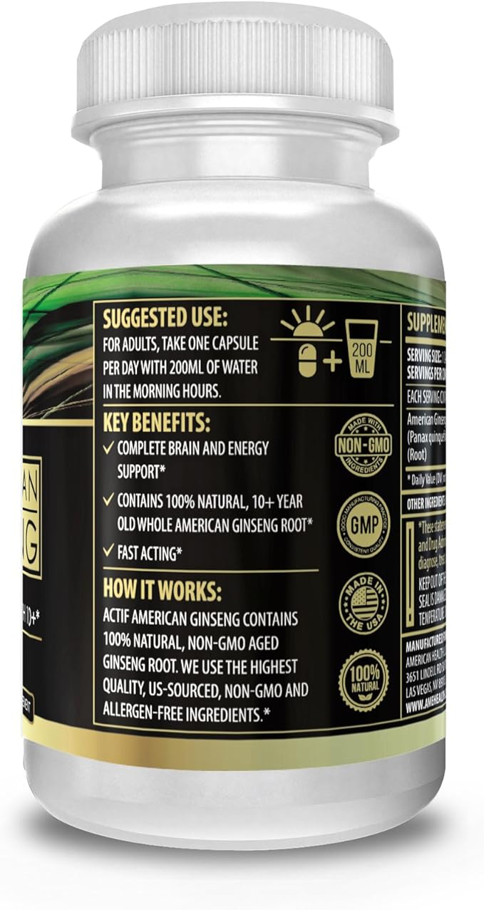 Actif American Ginseng - 100% Authentic 10 Year Old Ginseng, Non-GMO, 500mg - Made in USA