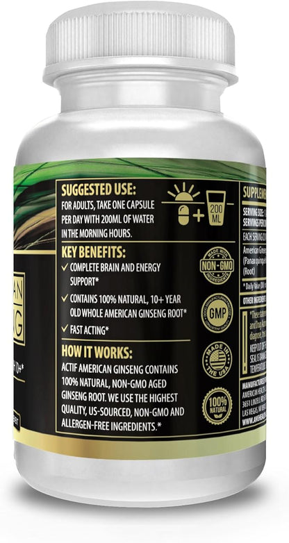 Actif American Ginseng - 100% Authentic 10 Year Old Ginseng, Non-GMO, 500mg - Made in USA