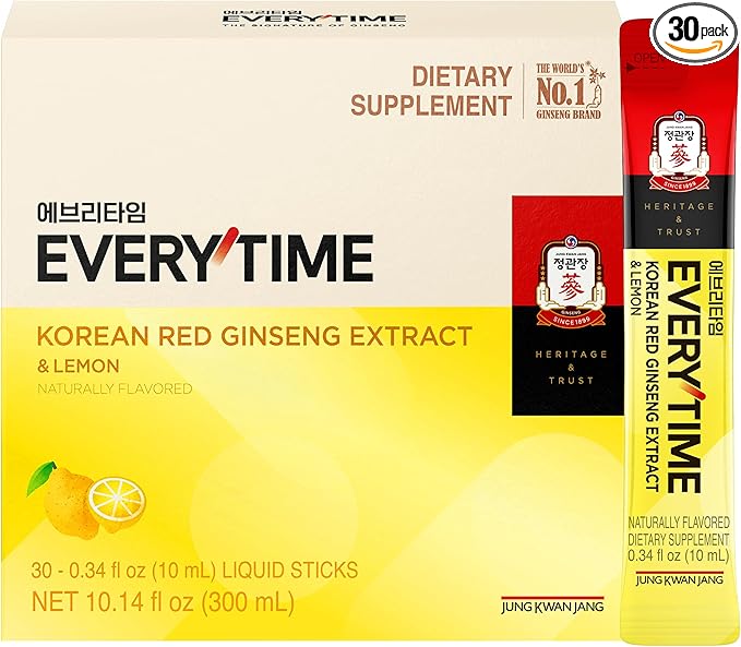 Everytime Korean Red Ginseng Extract 1,050mg & Lemon - Vegan Ginseng Root Energy Drink Liquid Stick Supplements - Builds Stamina & Immunity, No Caffeine Non-GMO (30 Sticks, 0.34 fl oz)