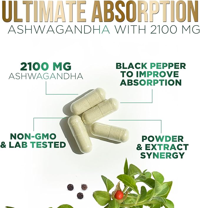 Herbal Ashwagandha 2,100 mg - Extra Strength Unwind, Calm & Relax Support with Black Pepper - Natural Focus & Energy Support - Ashwagandha Powder Supplements - Vegan, Gluten Free - 180 Capsules
