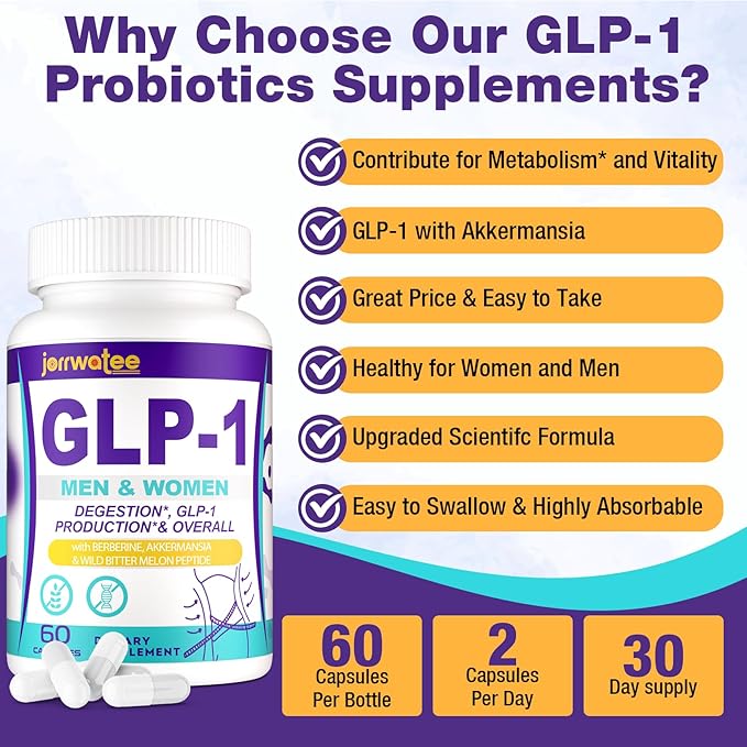 GLP-1 Supplements, GLP1 Probiotic for Women & Men, Natural GLP-1 with Akkermansia Probiotic, GLP 1 Supplement for Digestion, Energy, Daily GLP-1 Levels* & Overall Health, 60 Counts