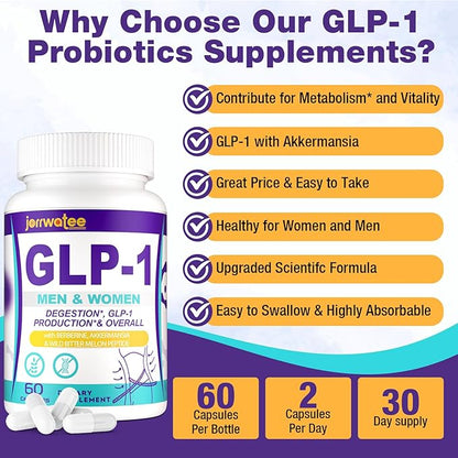 GLP-1 Supplements, GLP1 Probiotic for Women & Men, Natural GLP-1 with Akkermansia Probiotic, GLP 1 Supplement for Digestion, Energy, Daily GLP-1 Levels* & Overall Health, 60 Counts
