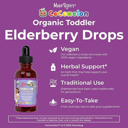 MaryRuth Organics Cocomelon Toddler Elderberry Syrup, USDA Organic Elderberry, Sugar Free Kids Immune Support Supplement for Ages 1-3 Years, Clean Label Project Verified®, Vegan, Gluten Free, 1 Fl Oz