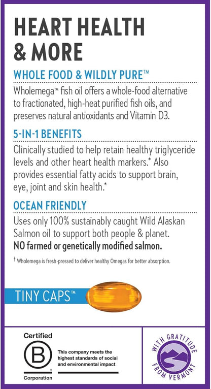 New Chapter Wholemega Fish Oil Supplement - Wild Alaskan Salmon Oil with Omega-3 + Vitamin D3 + Astaxanthin + Sustainably Caught - 180 ct Tiny Caps, 500mg Softgels