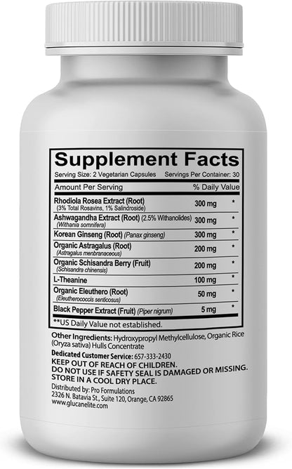 Adaptogen Elite - Synergistic Blend - 60 vcaps - Balances Cortisol & Natural Energy - Enhanced with Rhodiola, Ashwagandha, Astragalus, Schisandra, Eleuthero, L-Theanine