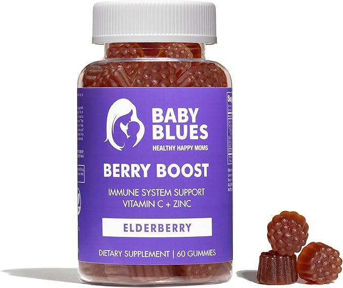 Baby Blues Berry Boost Elderberry Gummies for Moms - Immune Support with Zinc & Vitamin C Non-GMO Vegan and Gluten Free (60 Pieces)