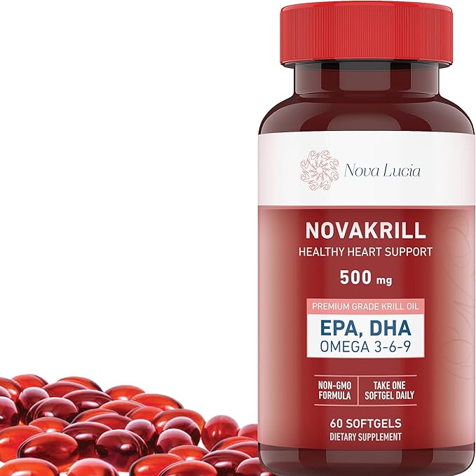 Natural Krill Oil Omega 3 6 9 Supplement, Burpless 60 Red Liquid Softgels, Rich in EPA, DHA, Astaxanthin, No Fishy Aftertaste, 1000mg per 2 Softgels