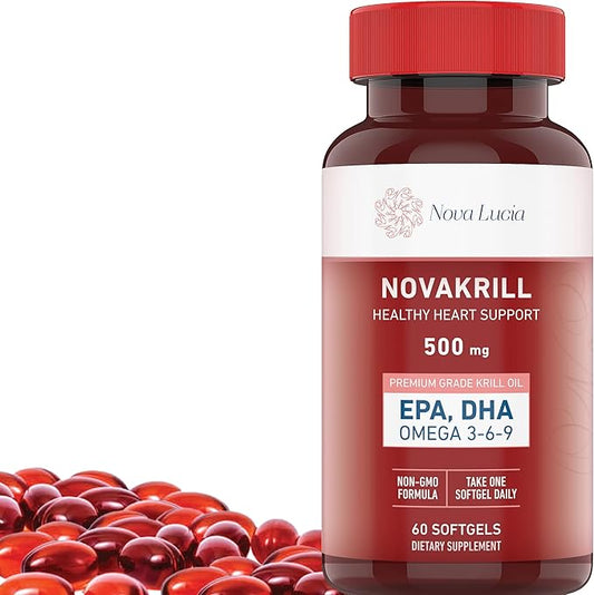 Natural Krill Oil Omega 3 6 9 Supplement, Burpless 60 Red Liquid Softgels, Rich in EPA, DHA, Astaxanthin, No Fishy Aftertaste, 1000mg per 2 Softgels
