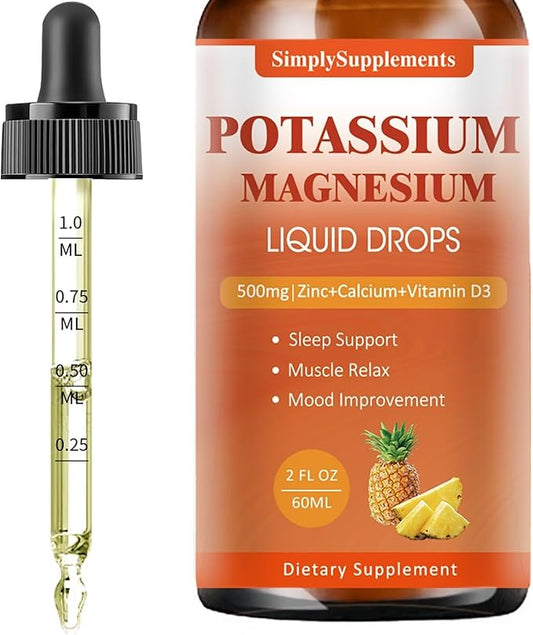 Potassium Magnesium Supplement - Potassium 99mg & 500mg Magnesium Glycinate Complex Liquid Drops with Calcium, Zinc, Vitamin B6, D3 - Energy & Bone & Muscle Support - 2 Fl oz