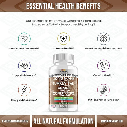 Stamiron Lions Mane Supplement Turkey Tail Mushroom Capsules with Cordyceps Extract & Reishi Mushrooms - Alt to Mushroom Gummies, Mushroom Powder, Mushroom Coffee - 90 Count