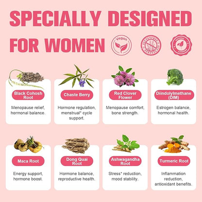 Complete Menopause Supplements for Women, 40-in-1 Hormone Balance for Women Night Sweats Relief, Hot Flashes, w/Black Cohosh, Probiotics, DIM, Vitex, Dong Quai, Red Clover, 120 Capsules