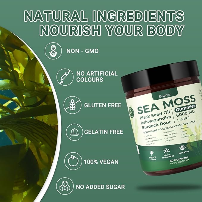 Sea Moss Gummies 16-1, Black Seed Oil Ashwagandha Turmeric Bladder Wrack Vitamin C Vitamin D3 Elderberry Manuka Dandelion Yellow Dock Apple Cider Vinegar for Men & Women