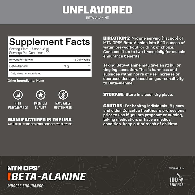 MTN OPS Beta Alanine Powder Pre Workout for Muscle Endurance & Strength, 3g of Beta Alanine per Serving, Unflavored 100 Servings