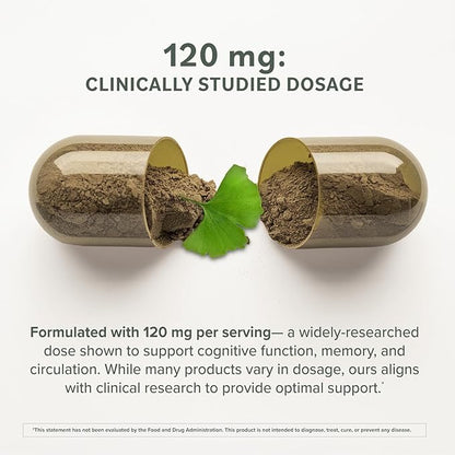 Prominent Nutrition Ginkgo Biloba 120mg - Ginkgo Biloba Leaf Extract, Herbal Supplements to Help Support Memory & Focus- Vegan, Non-GMO, Gluten-Free, Soy-Free, 60 Day Supply